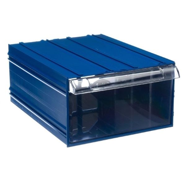 Пластиковый короб 510, 340х260х150, + 25 мм выступ ручки, синий/прозрачный